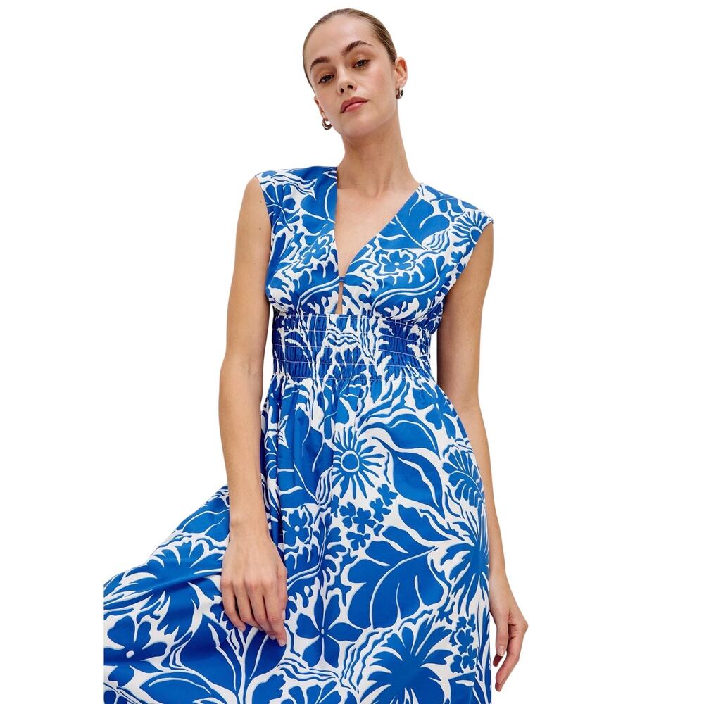 Rails Roxanne Dress XL Blue Riviera Tropical Floral Smocked Waist Midi - Picture 5 of 16